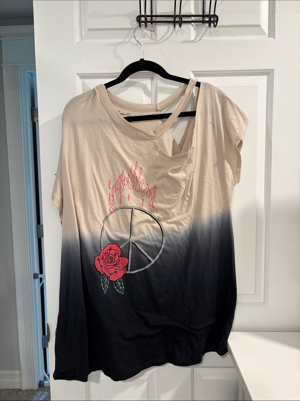 Lovesick Cream-to-Black Ombre Tee with Red Rose & Peace Graphic